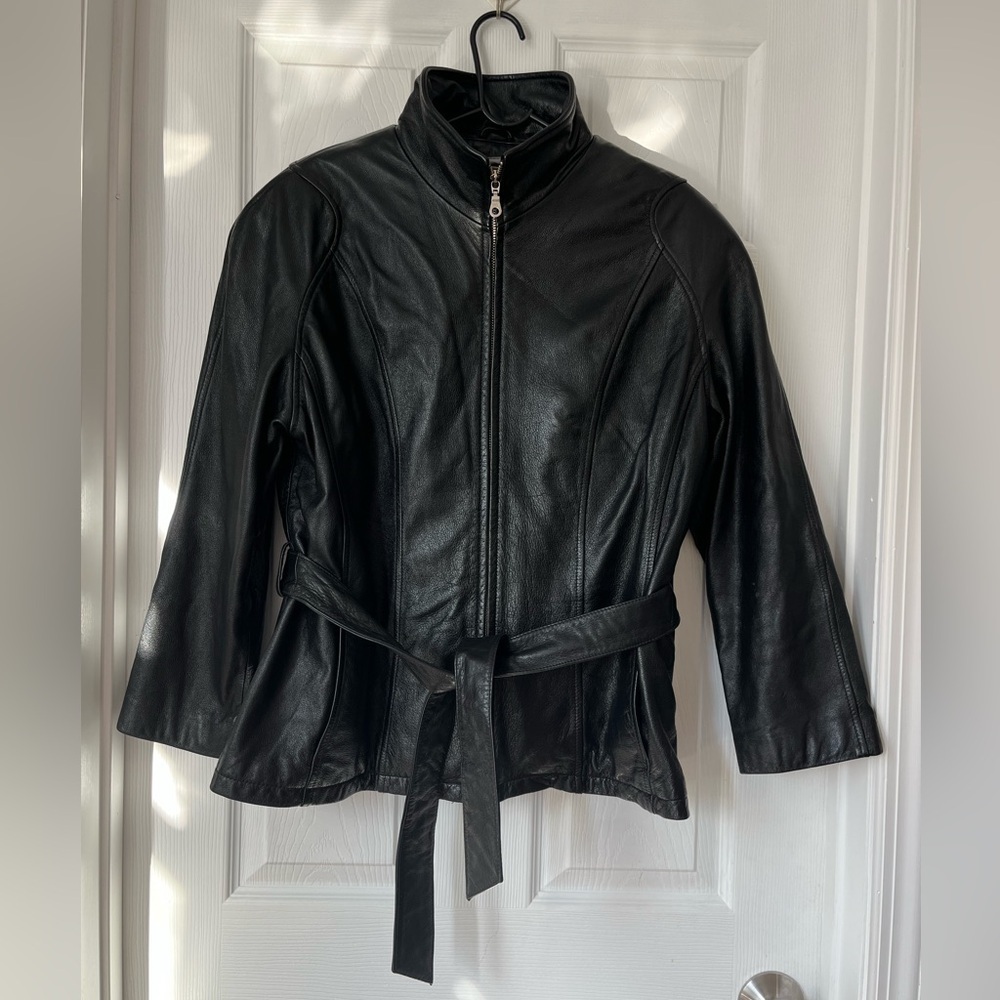Wilson Leather Black Belted Biker Jacket Large
